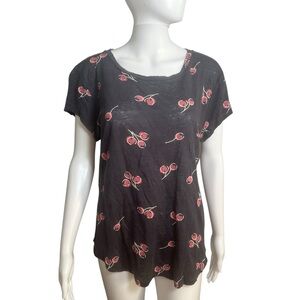 LOFT Charcoal Linen Top T-Shirt Cherry Print L